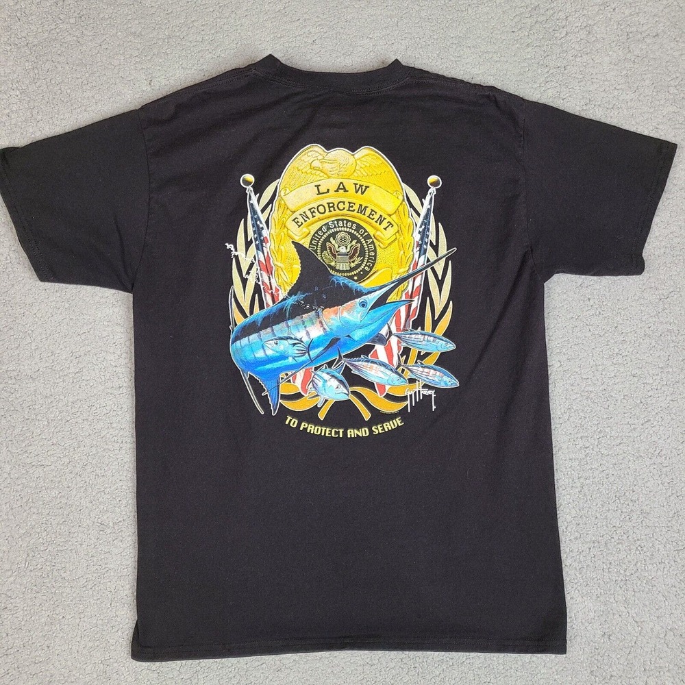 Guy Harvey Law Enforcement T-Shirt Mens Medium Black Swordfish Protect And Serve
